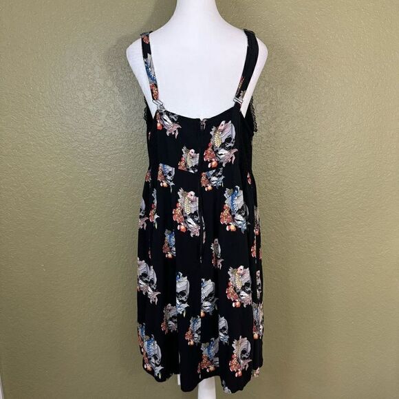 Tripp Women's 2X Corset Slip Dress Black Skull Koi Fish Print Lace Trim Gothic - Picture 4 of 7